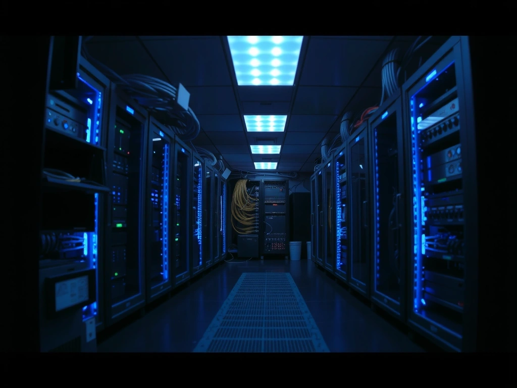 Interno di un data center con illuminazione LED blu