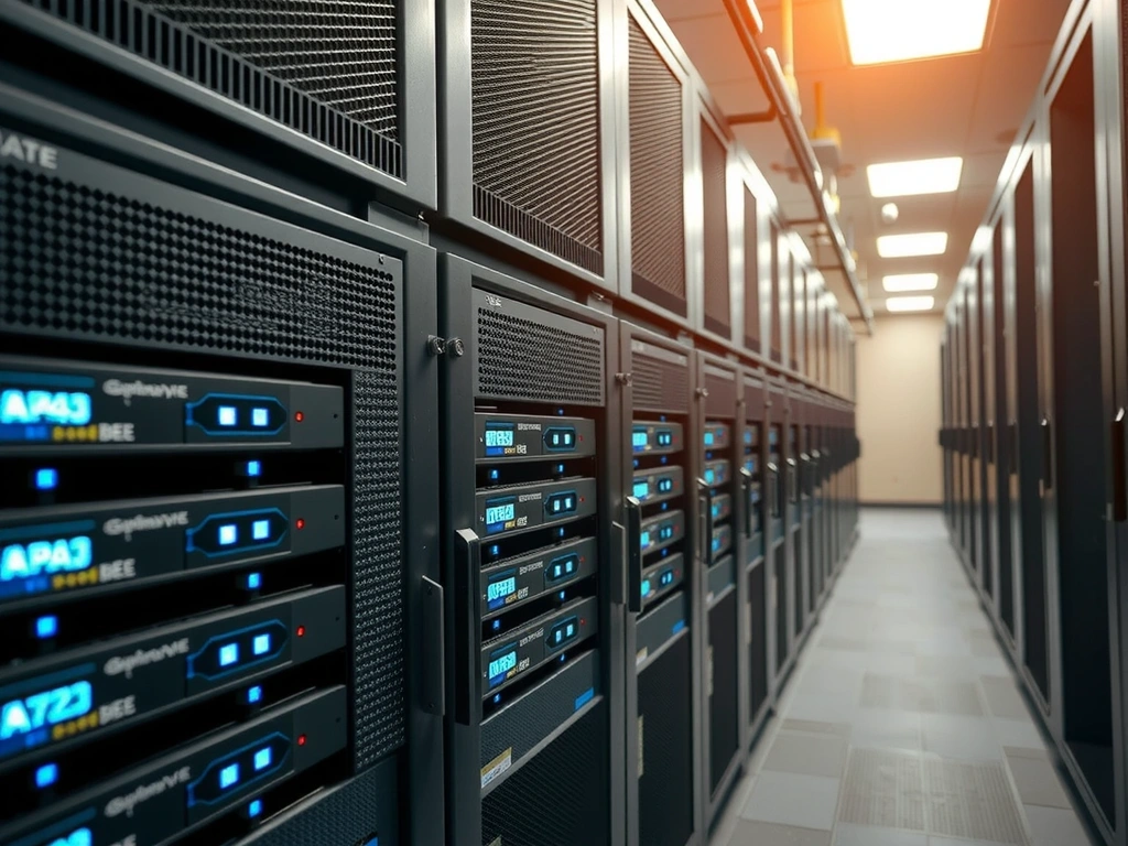 Sala server sicura con indicatori LED blu